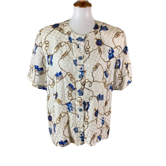 Maggy London Nautical Chain Print Polka Dot Silk Blouse Short Sleeve 16 - Picture 1 of 3